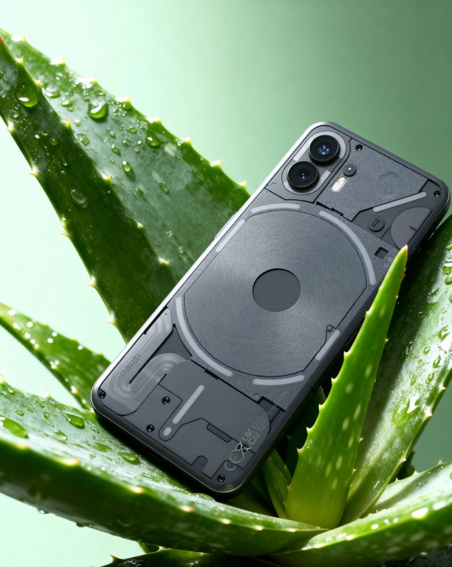 a close up of a cell phone near a plant