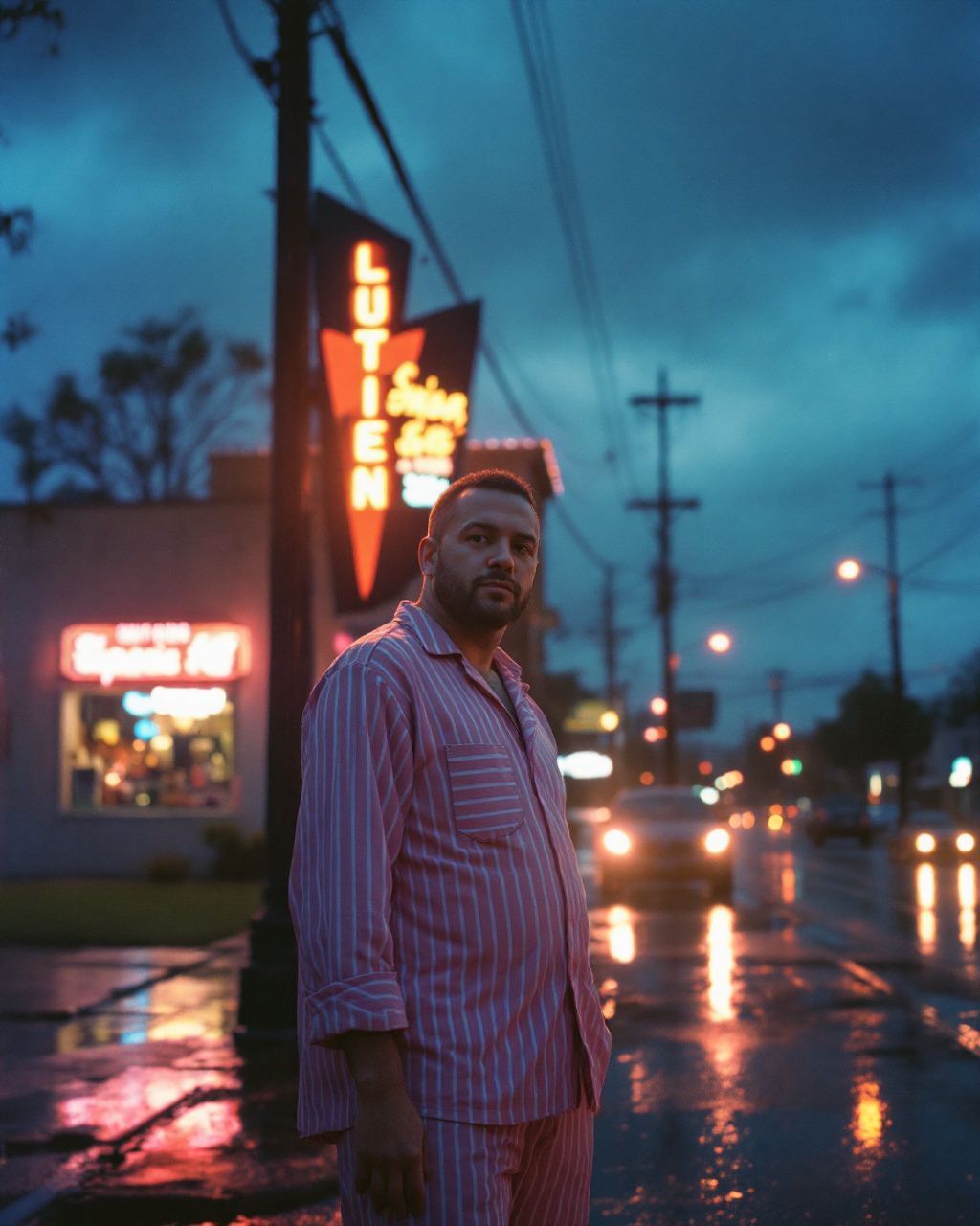 a man standing on the side of a road in the rain