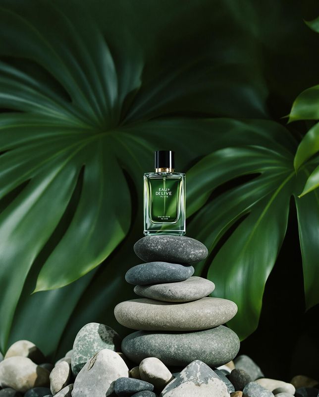 a bottle of perfume sitting on top of a pile of rocks