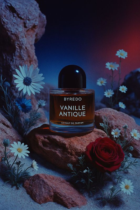 a bottle of perfume sitting on top of a rock