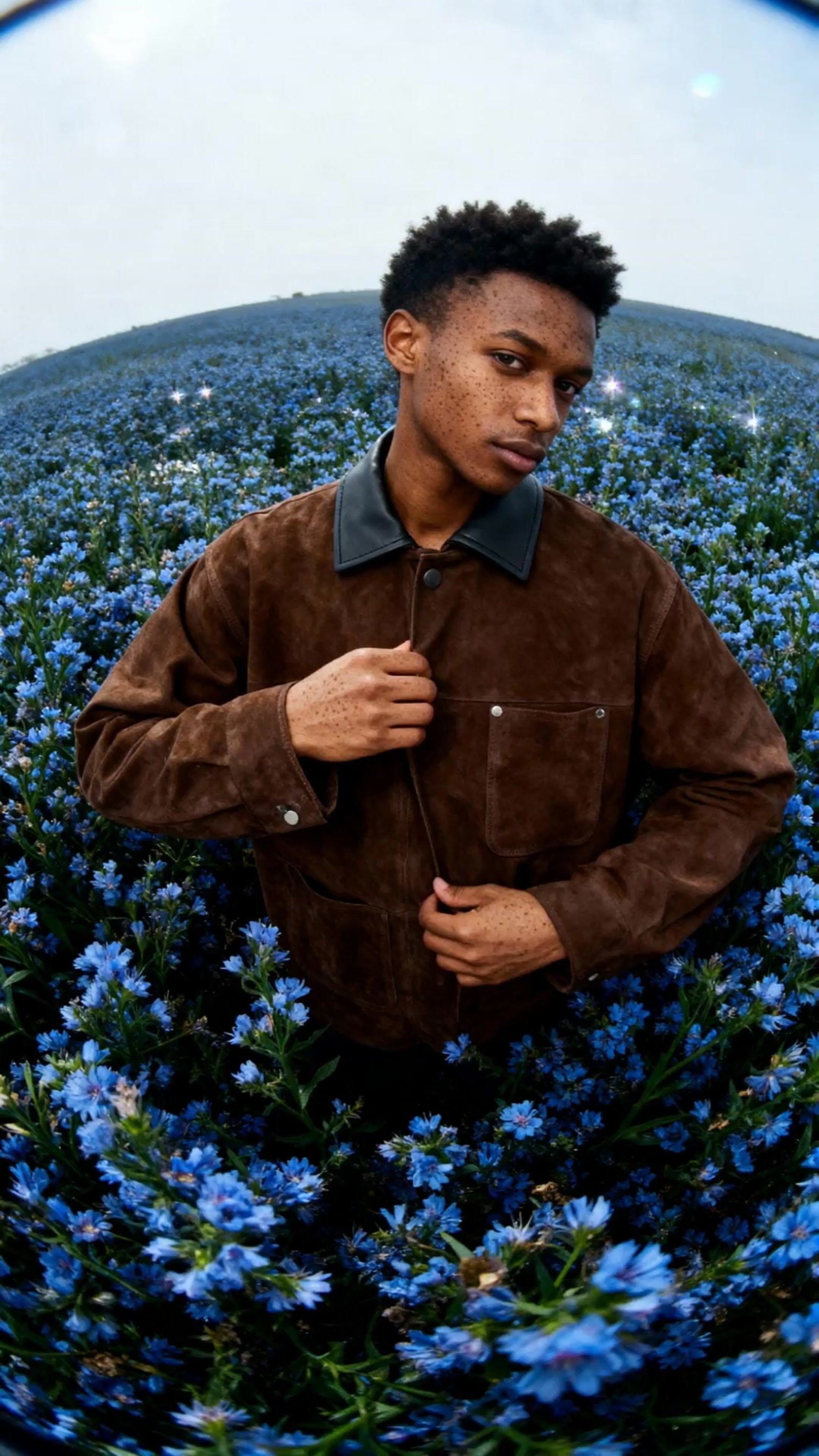 a man standing in a field of blue flowers