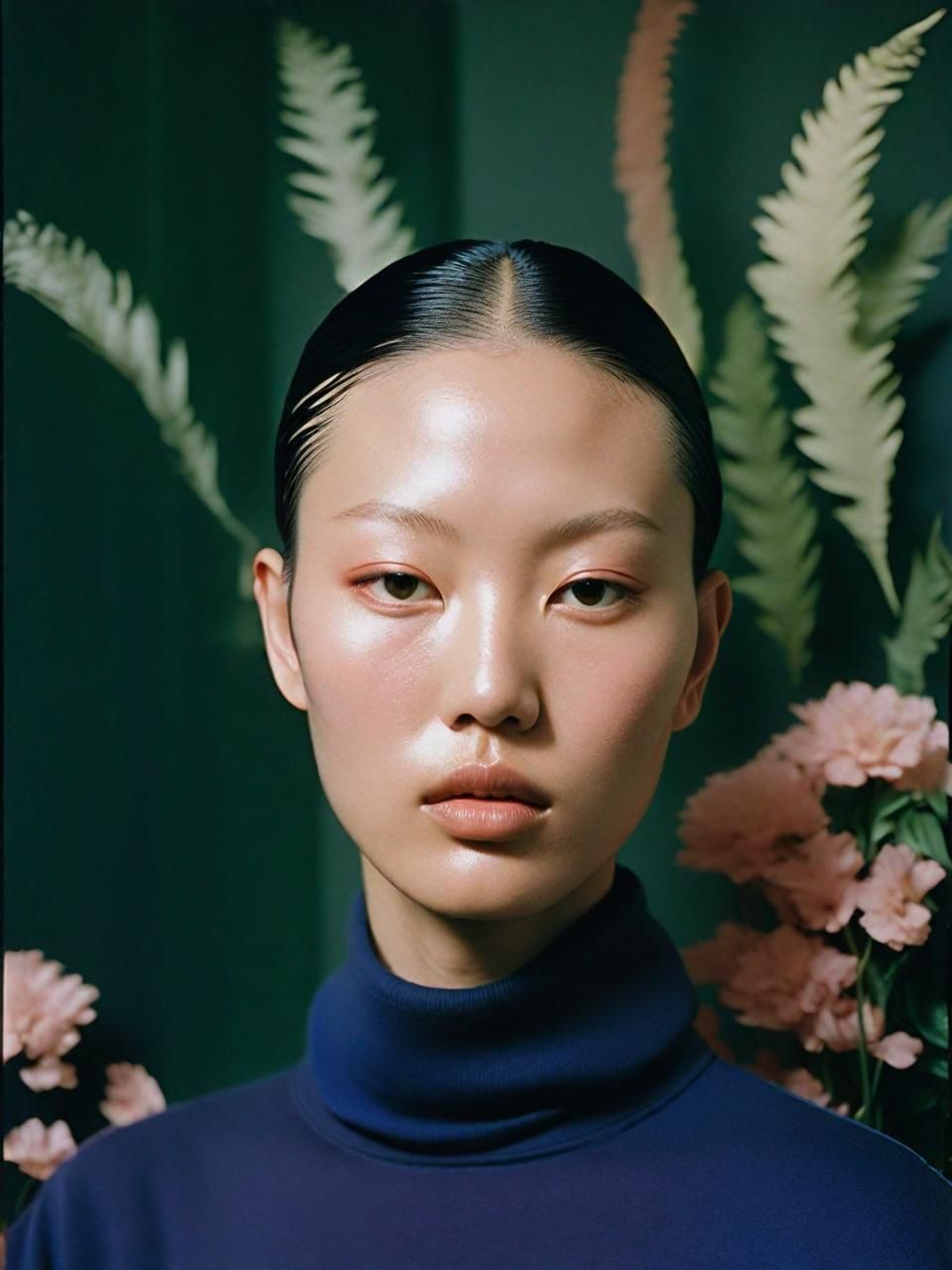 a woman in a blue turtle neck sweater standing in front of flowers