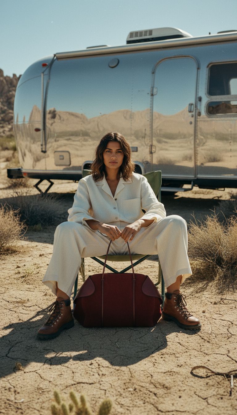 a woman sitting in a chair in front of a trailer