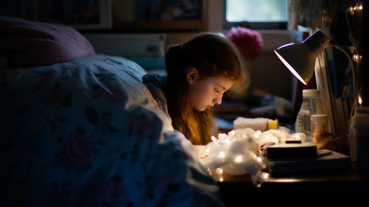 a young girl laying in bed looking at a cell phone