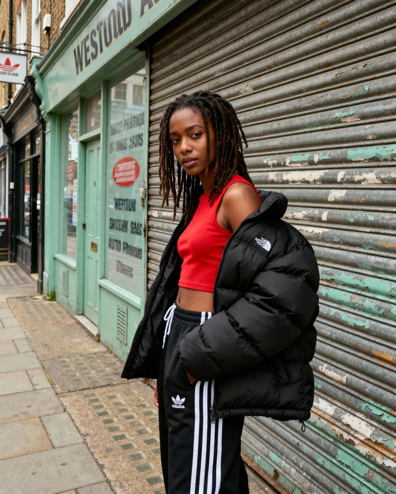a woman standing in front of a store