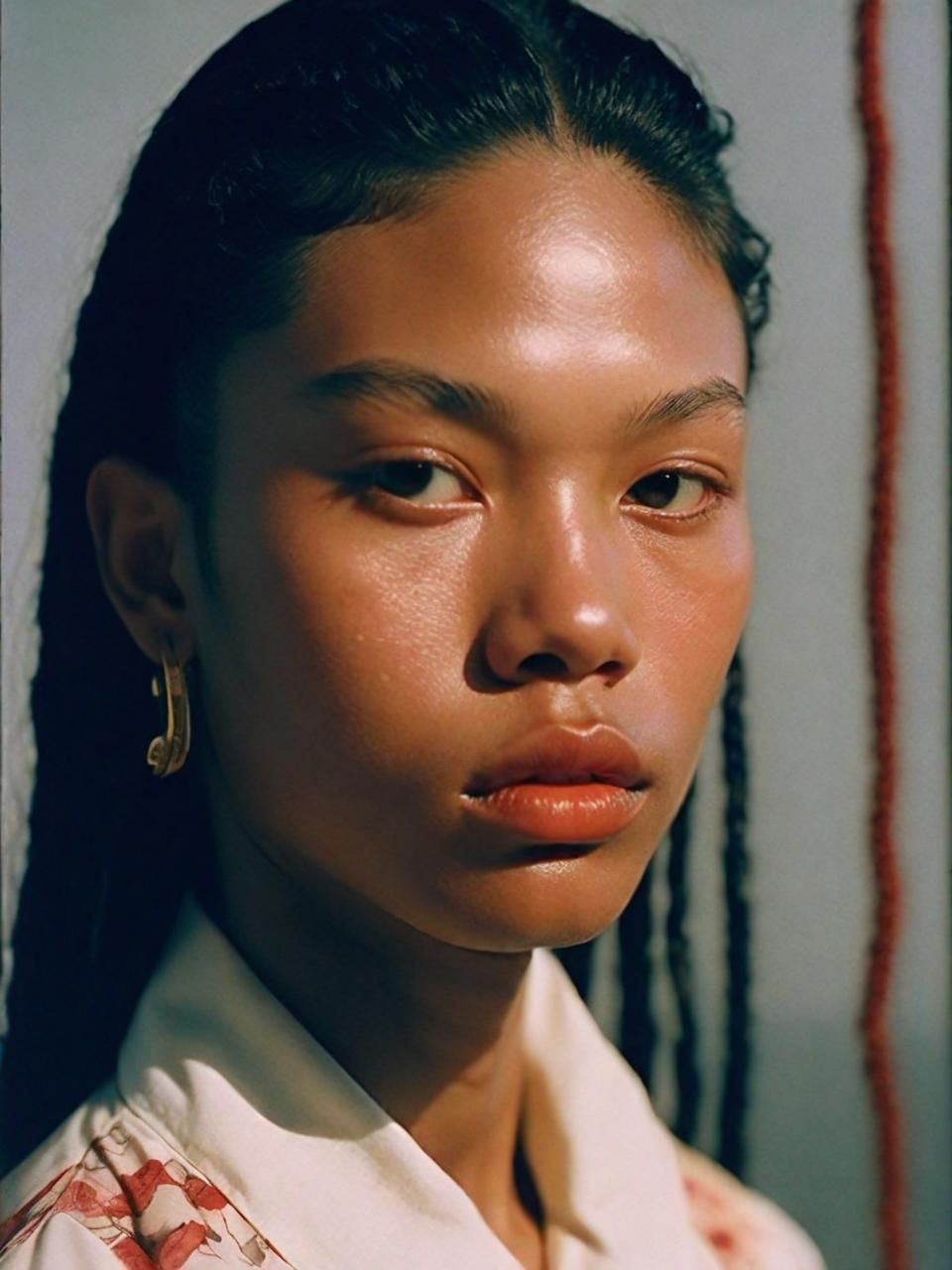 a close up of a person with long hair