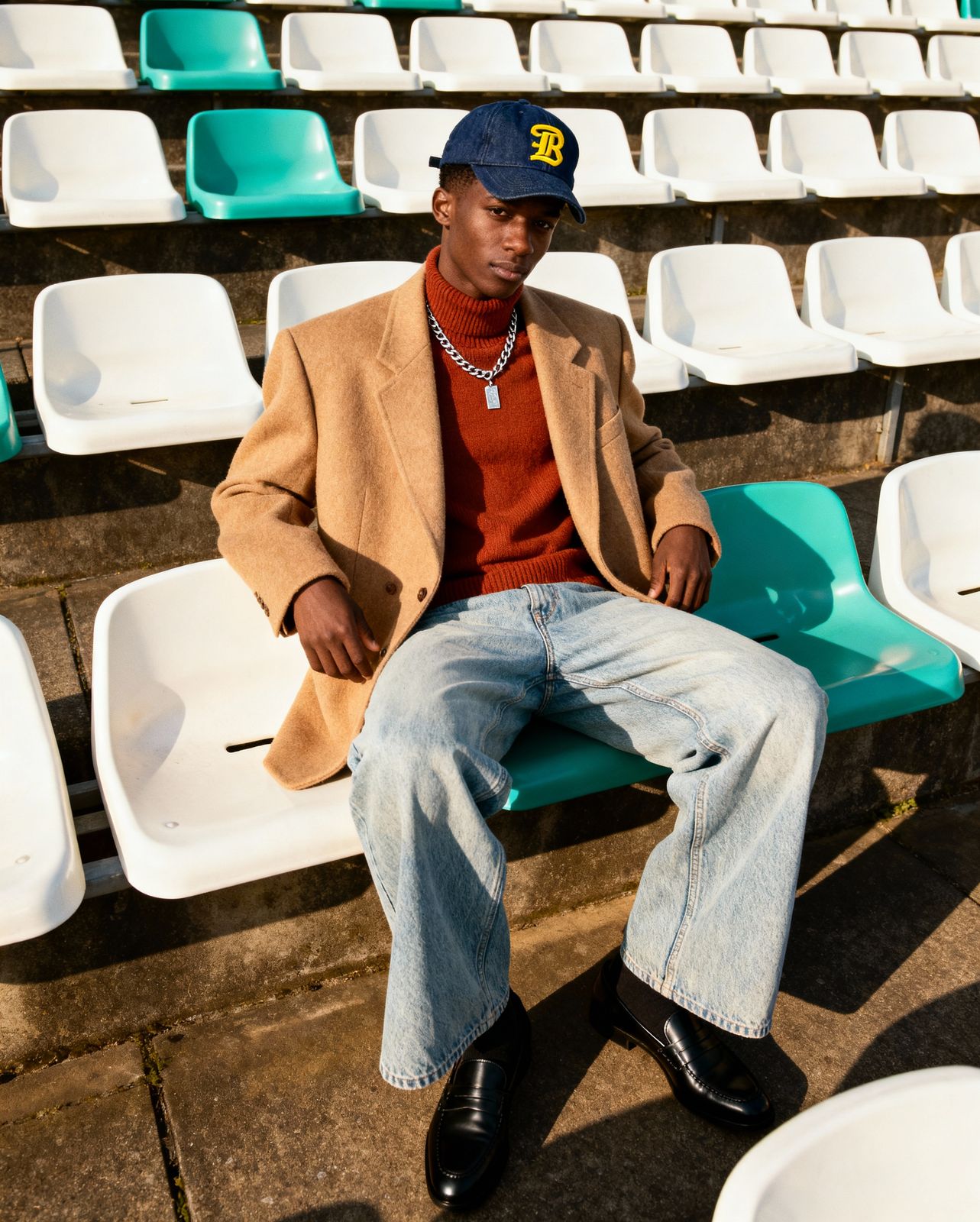 a man sitting on a bench in a stadium
