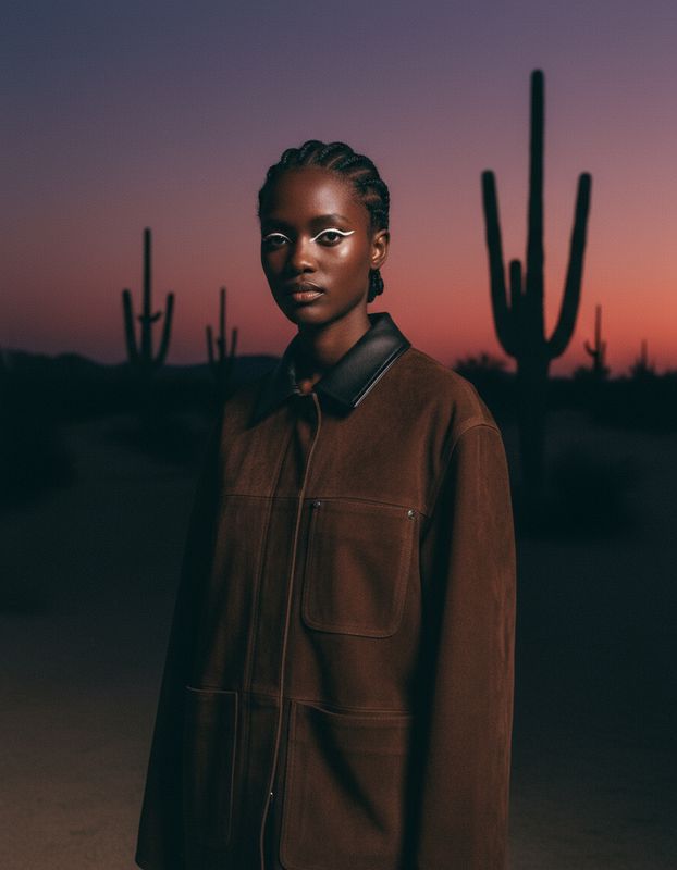 a woman standing in front of a cactus