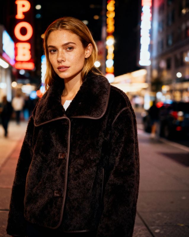 a woman standing on a sidewalk in front of a neon sign