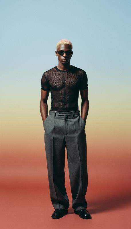 a man in a black shirt and grey pants