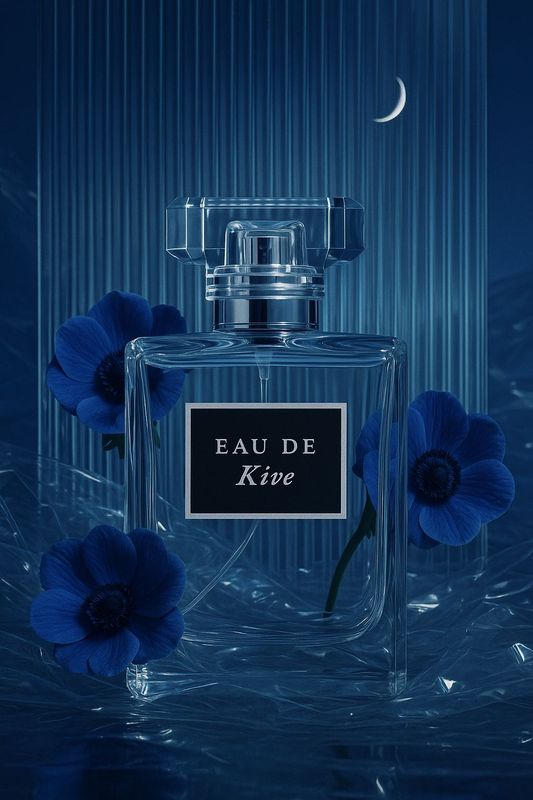 a bottle of eau de kre with blue flowers