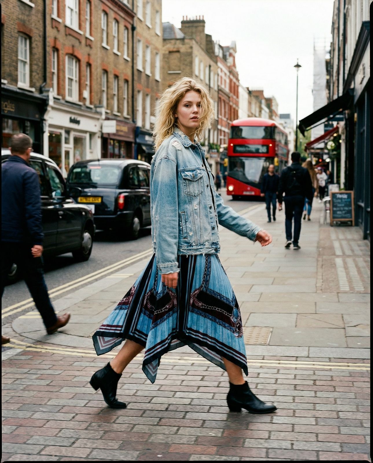 a woman in a blue dress and jean jacket crossing the street