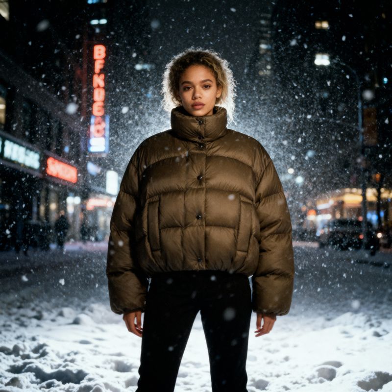 a woman standing in the snow at night