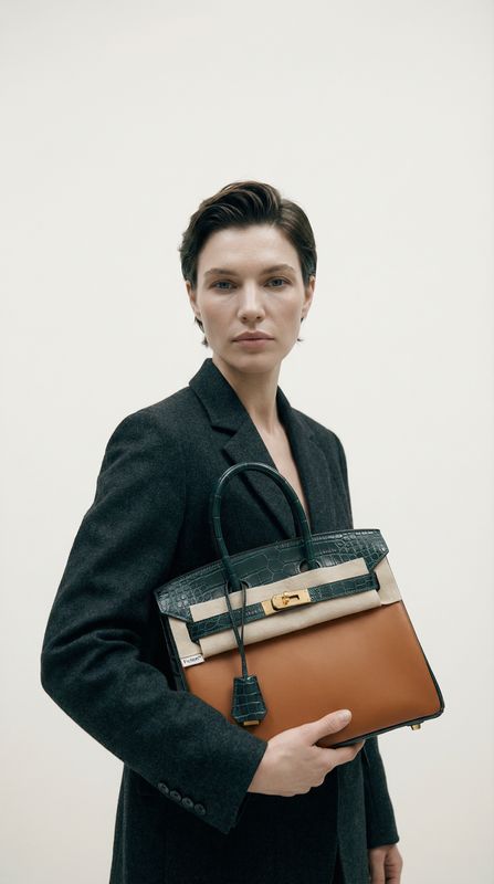 a woman holding a brown and black purse