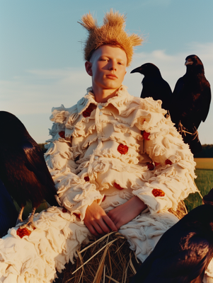 a woman sitting on top of a pile of hay