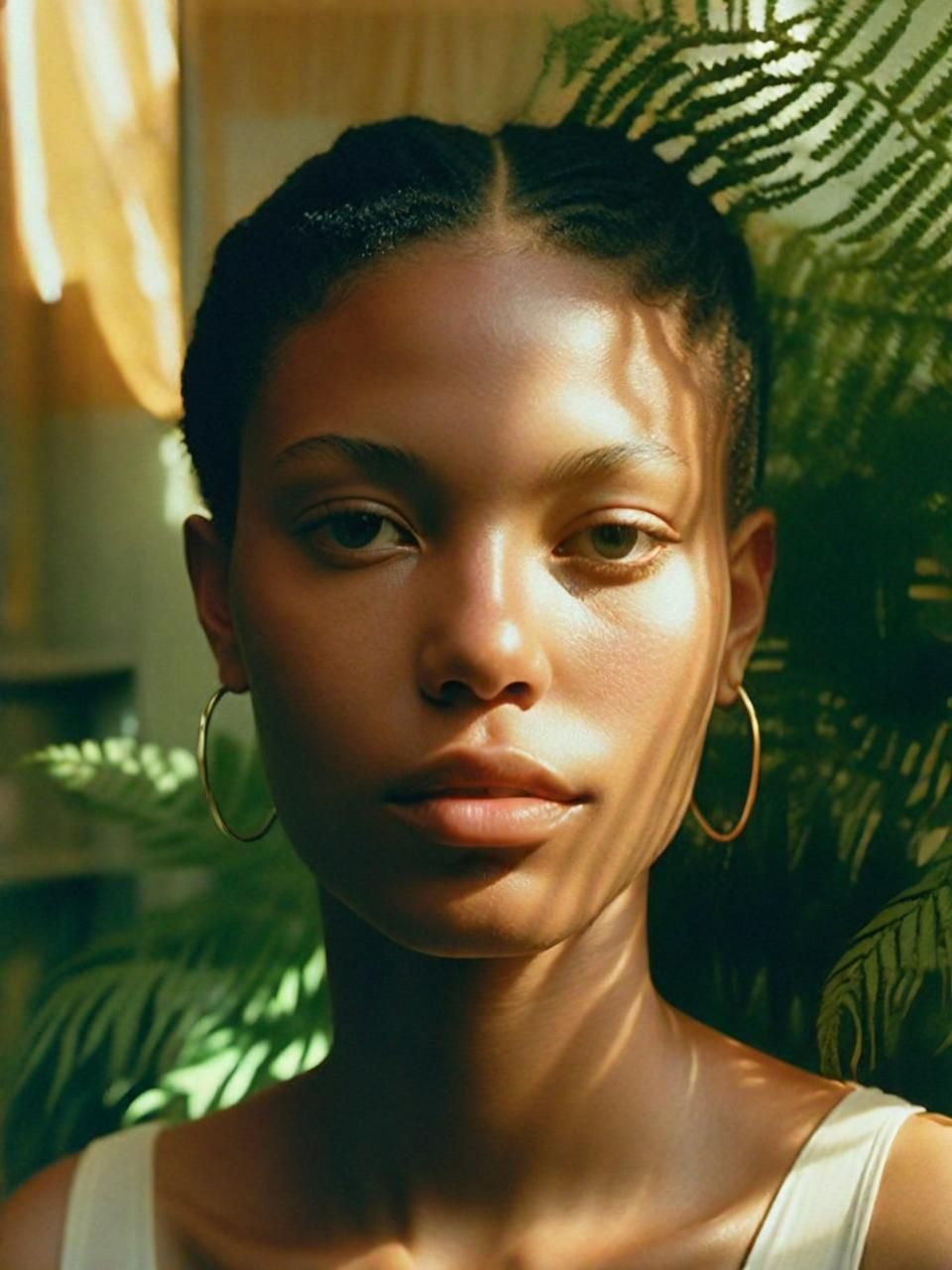 a woman with large hoop earrings standing in front of a plant