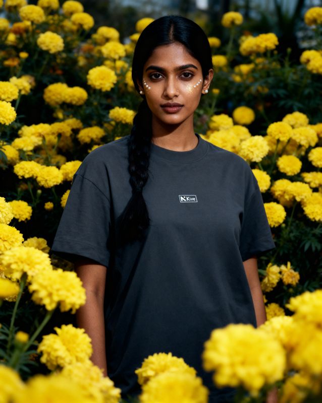 a woman standing in a field of yellow flowers