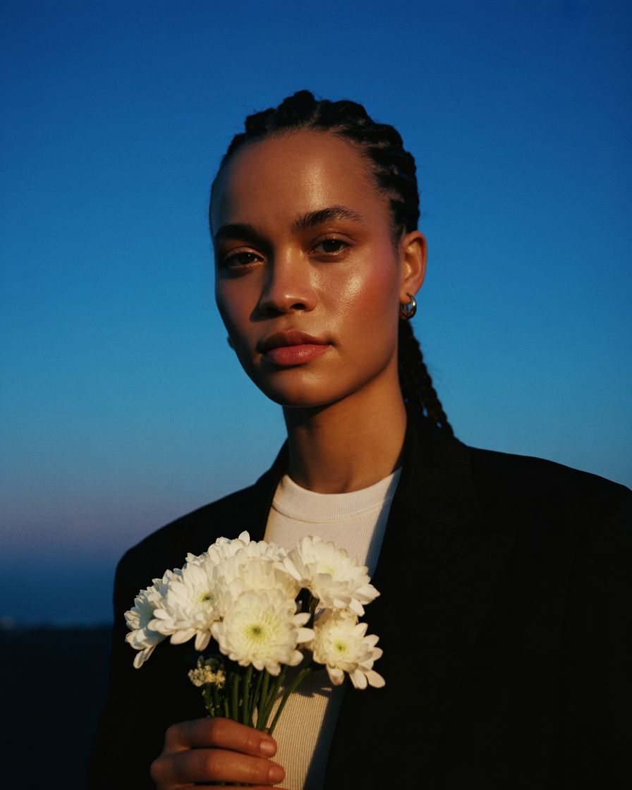 a woman holding a bouquet of white flowers