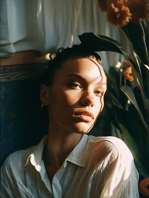 a woman sitting next to a vase of flowers