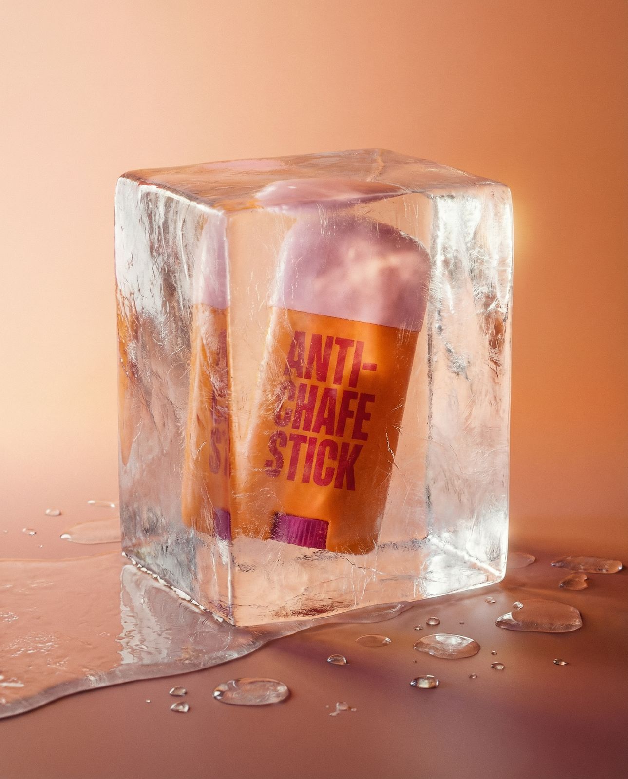 a bottle of shampoo sitting on top of an ice block