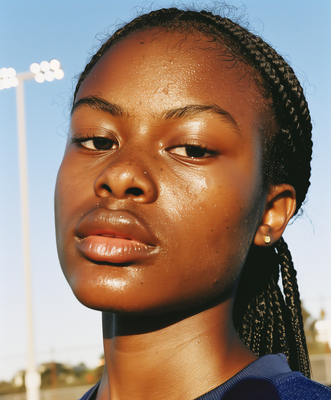 a close up of a person with a frizz on her face