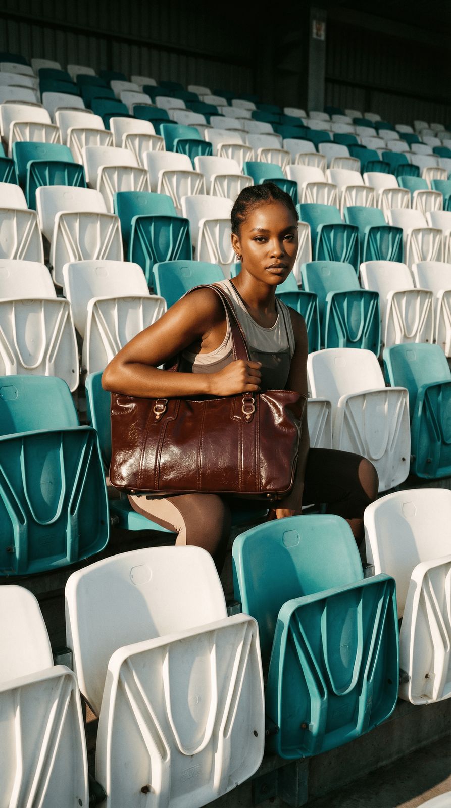a woman sitting in a stadium holding a purse