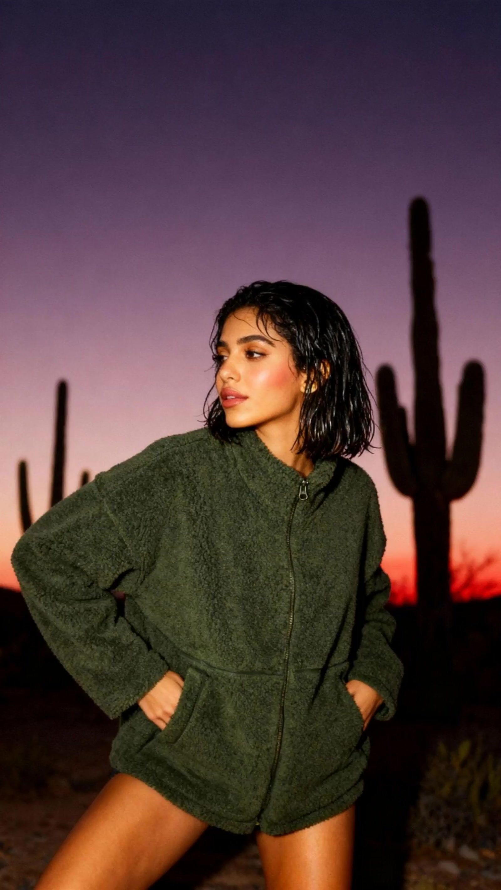 a woman standing in front of a cactus