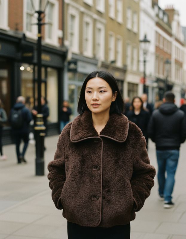 a woman standing on a sidewalk in a brown coat
