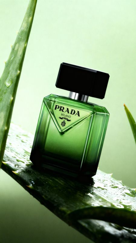 a bottle of perfume sitting on top of a leaf