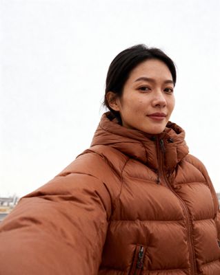 a woman in a puffy coat is holding a cell phone