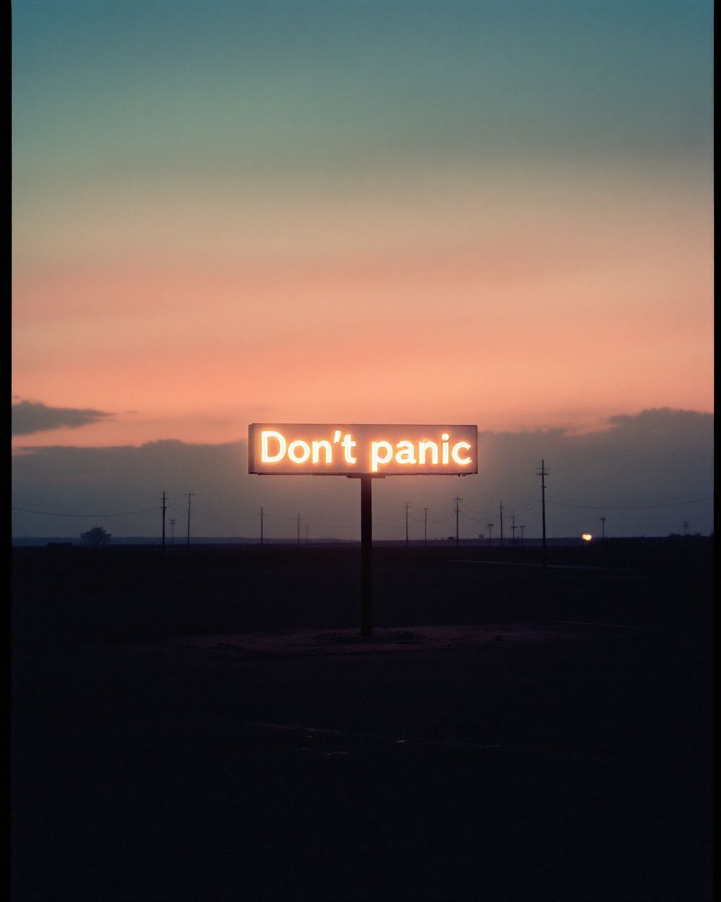 a sign that says don't panic in front of a sunset