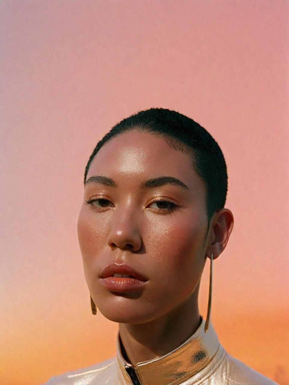 a woman in a white shirt and gold earrings