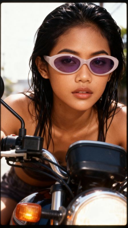 a woman wearing purple sunglasses sitting on a motorcycle