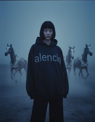 a person standing in front of a group of horses