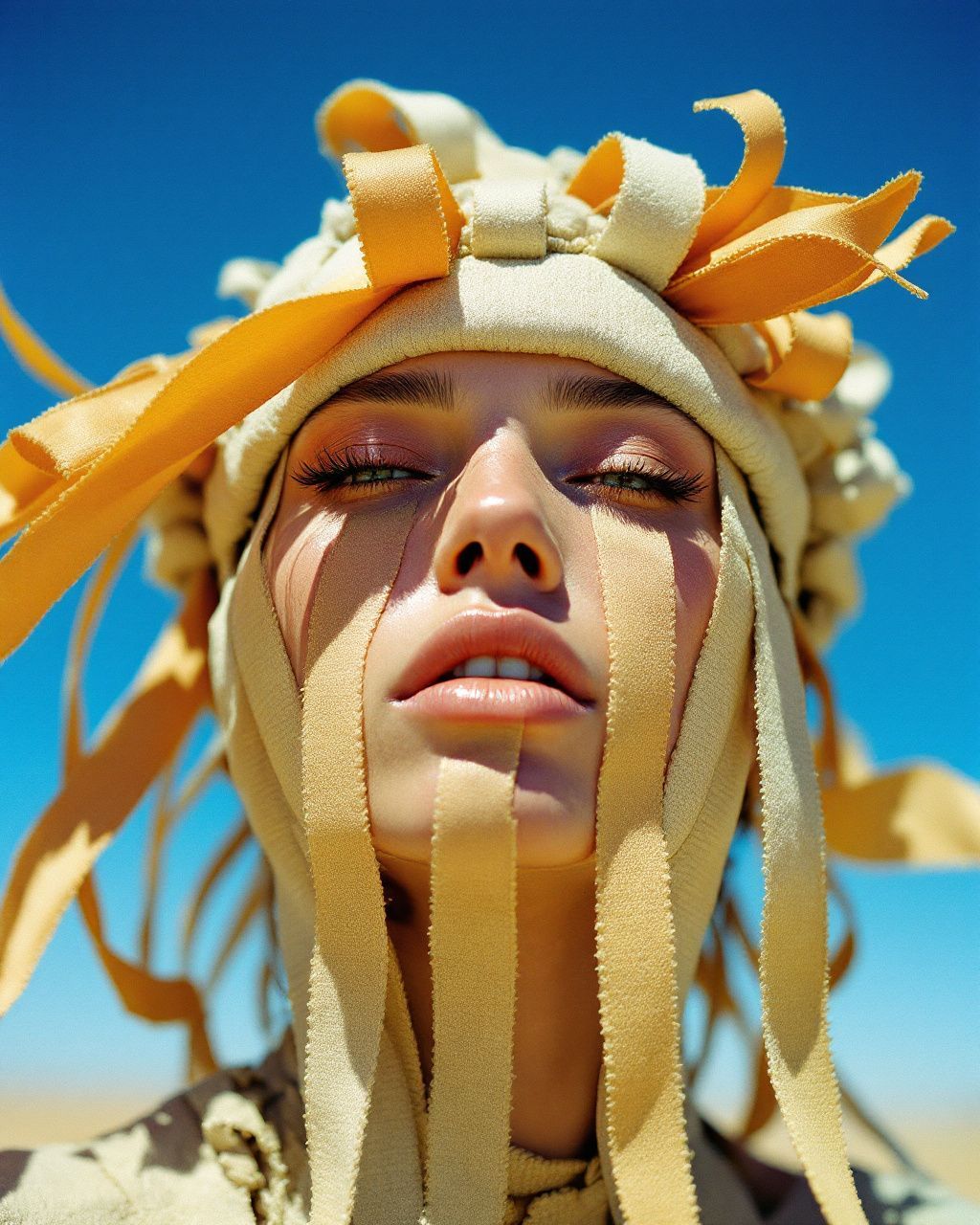 a woman with long hair wearing a headdress