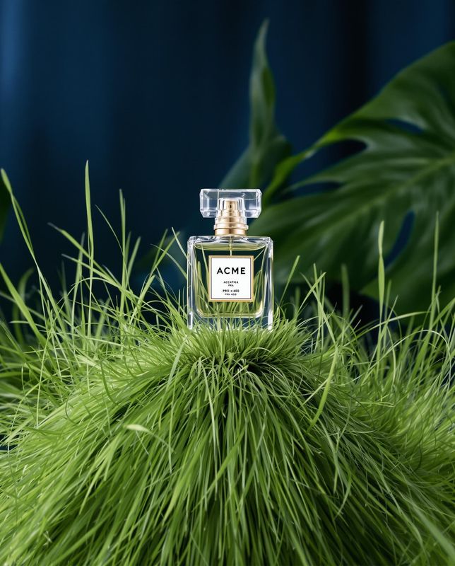 a bottle of perfume sitting on top of a green plant