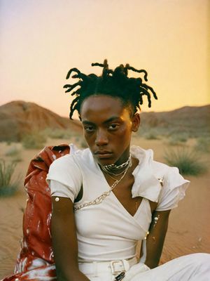 a woman with dreadlocks sitting in the desert