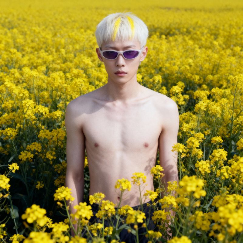 a shirtless man standing in a field of yellow flowers