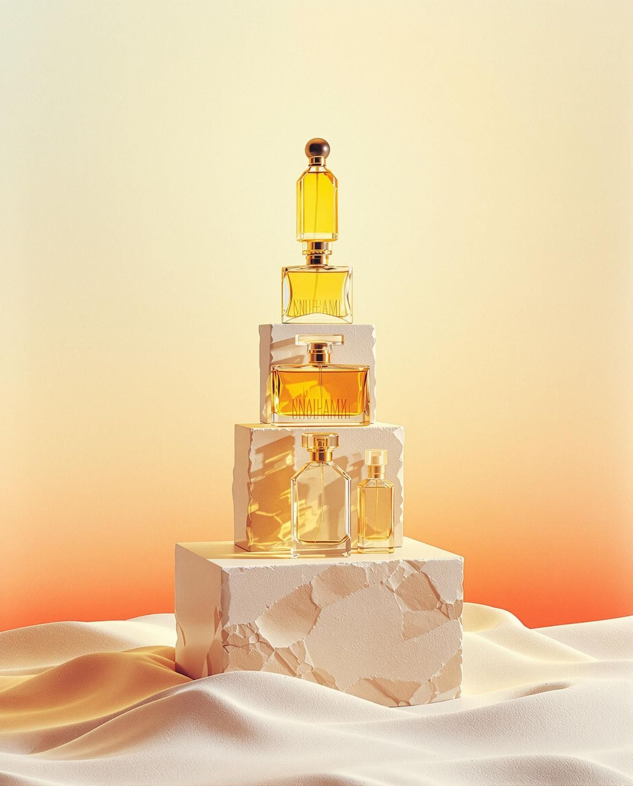 a bottle of perfume sitting on top of a block of ice