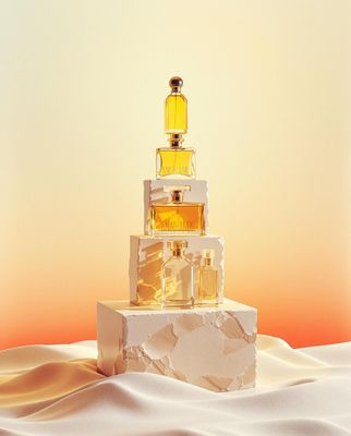 a bottle of perfume sitting on top of a block of ice