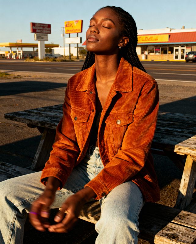 a woman sitting on a wooden bench in front of a gas station