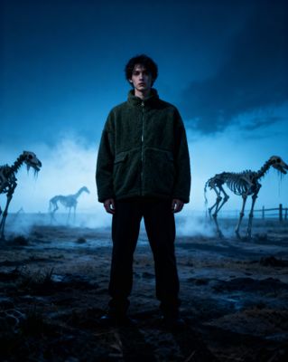 a man standing in front of a group of animals