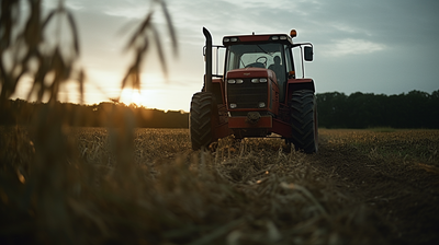 a tractor is parked in a field at sunset