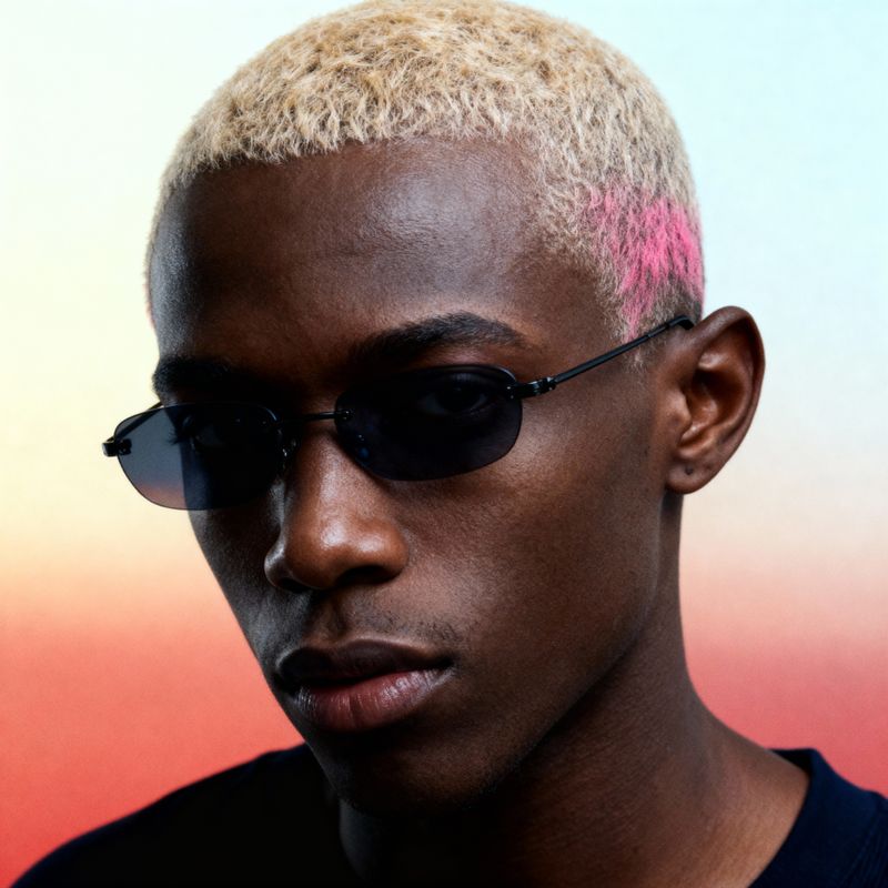 a man with a pink mohawk and sunglasses