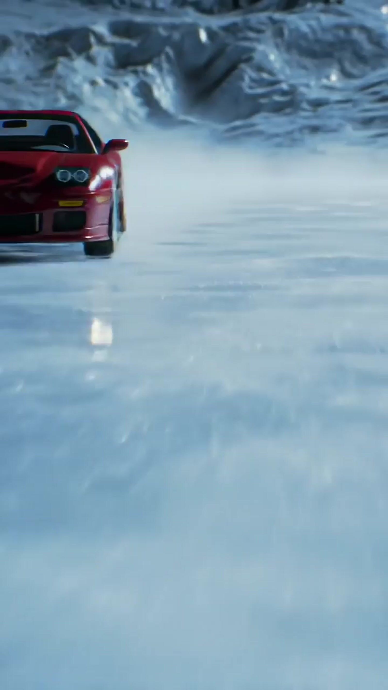a red sports car driving on a frozen lake
