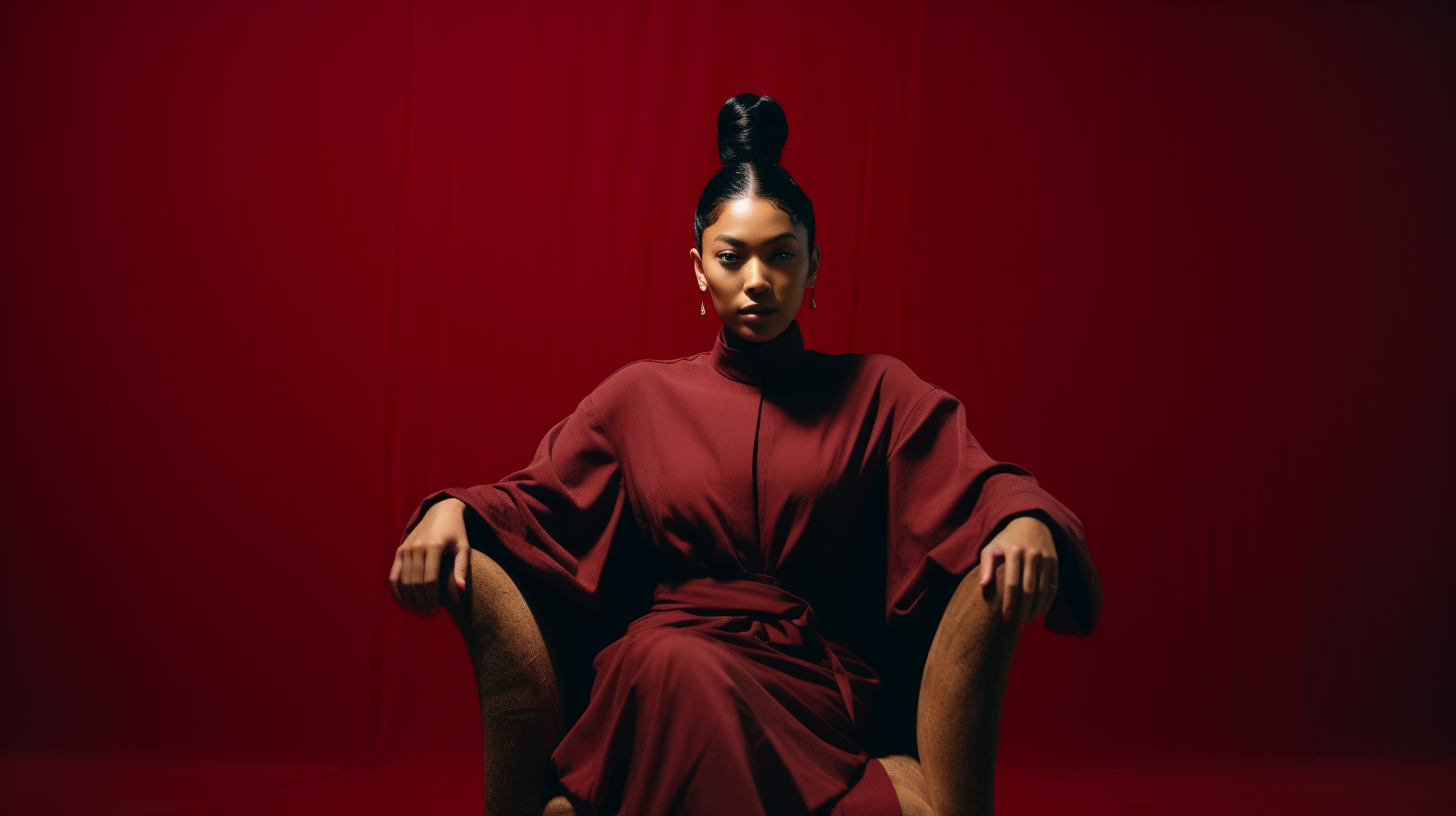 a woman in a red dress sitting on a chair