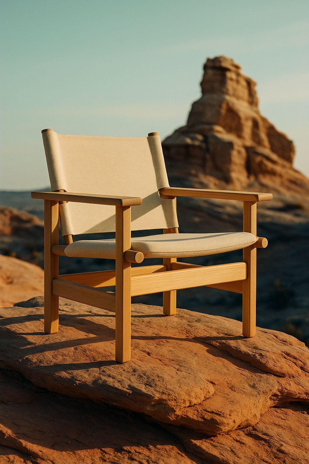 a wooden chair sitting on top of a rock