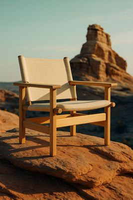 a wooden chair sitting on top of a rock