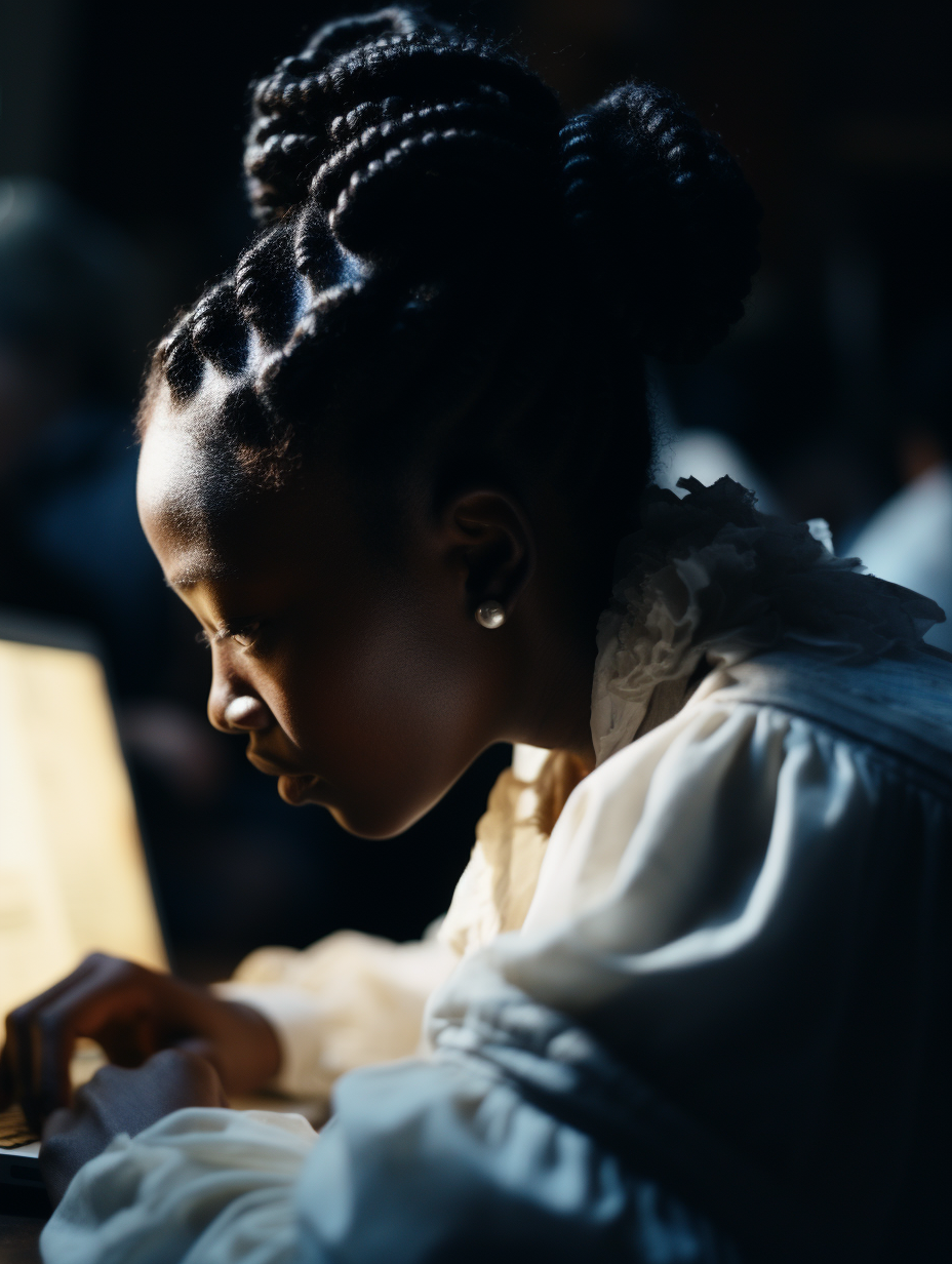 a woman sitting in front of a laptop computer