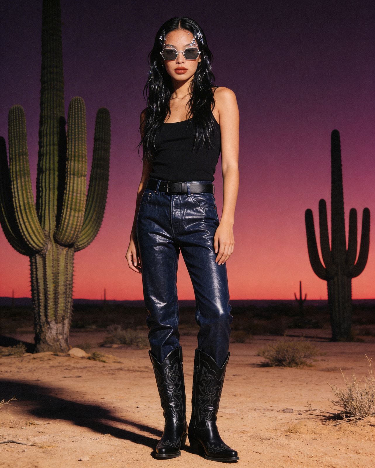 a woman standing in front of a cactus